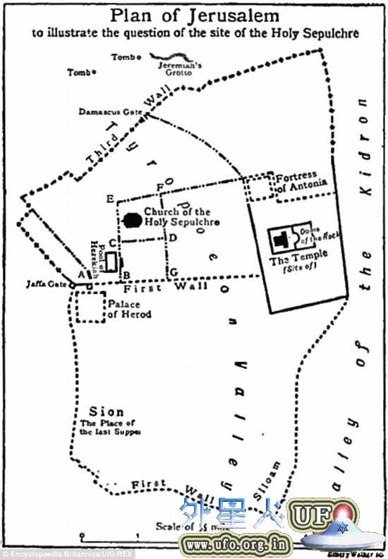 这是1911年一本百科全书上的耶路撒冷地图。大希律王的宫殿就位于雅法门下方。图下方可以看到锡安山，即最后的晚餐发生的地方。有学者认为，耶稣受审的地点有可能位于安东尼亚城门(图右上方)。 第1张
