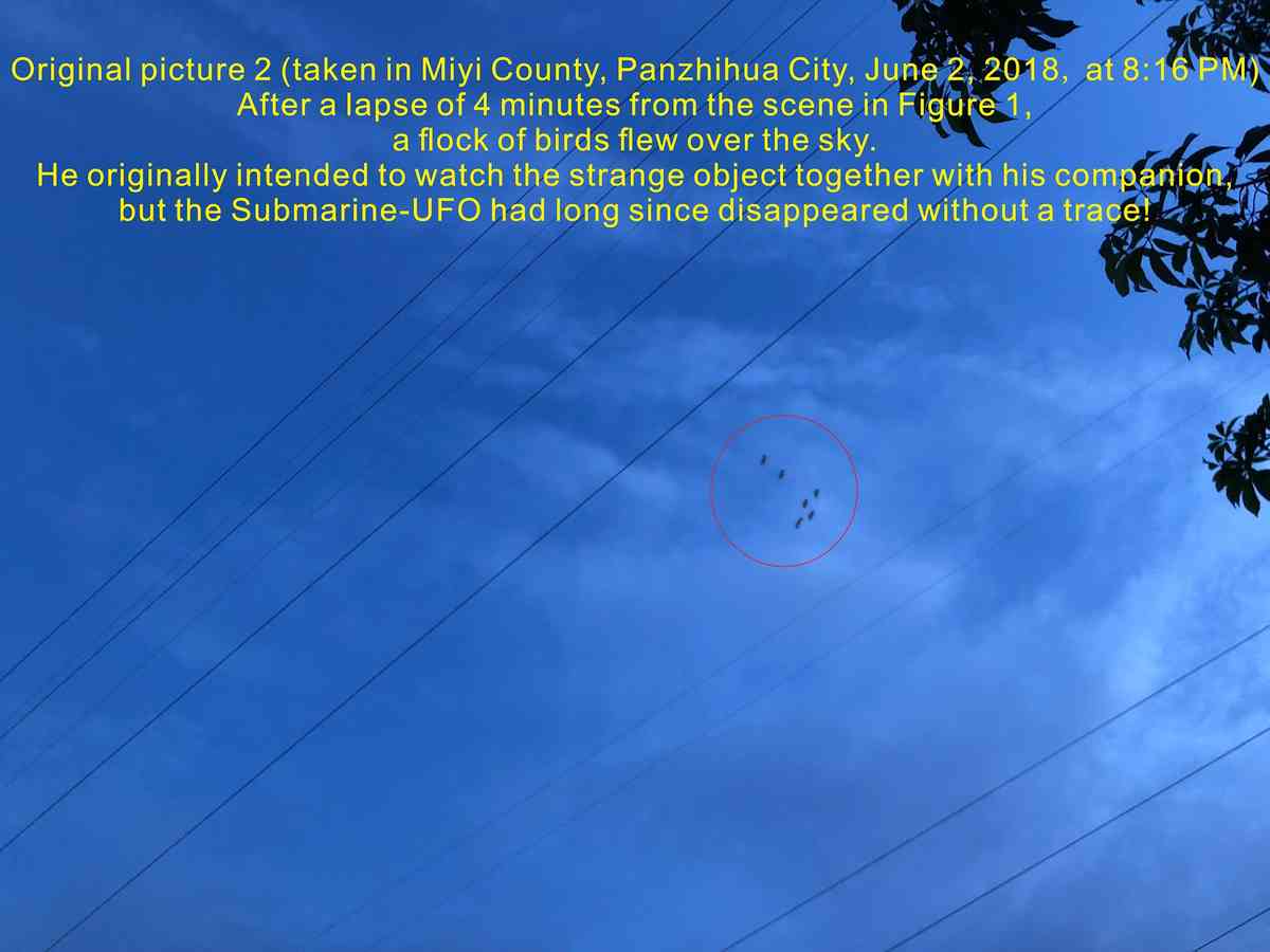 “原图2（手机编号IMG_1632，20:16拍摄）”，W先生看见该区域天空有一群飞鸟飞过，于是用手机在大致图2的位置对着飞鸟群拍摄了照片，但天空中早已经没有了潜艇UFO的踪迹。网上记录当地的天气为“无持续风向微风”，平静的天空没有风云涌动，它也再没有出现过了。